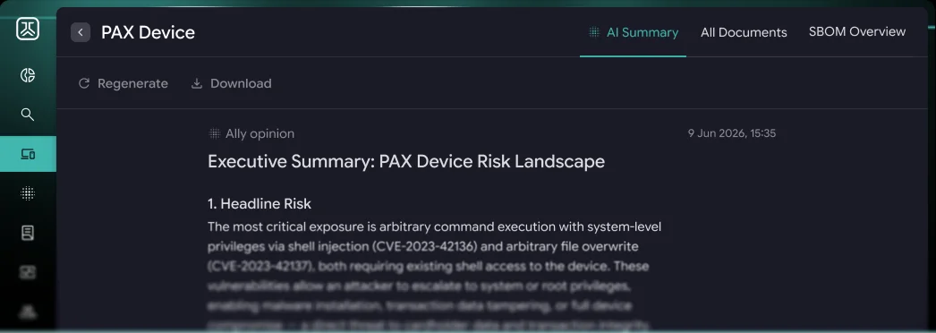AI-generated executive risk summary for a device in PCA CERVUS