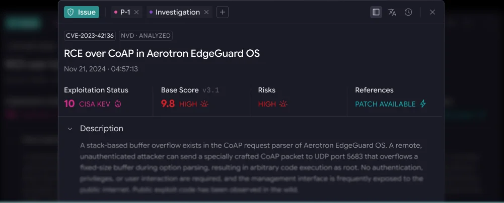 CVE detail with exploitation status, CVSS score and risk in PCA CERVUS