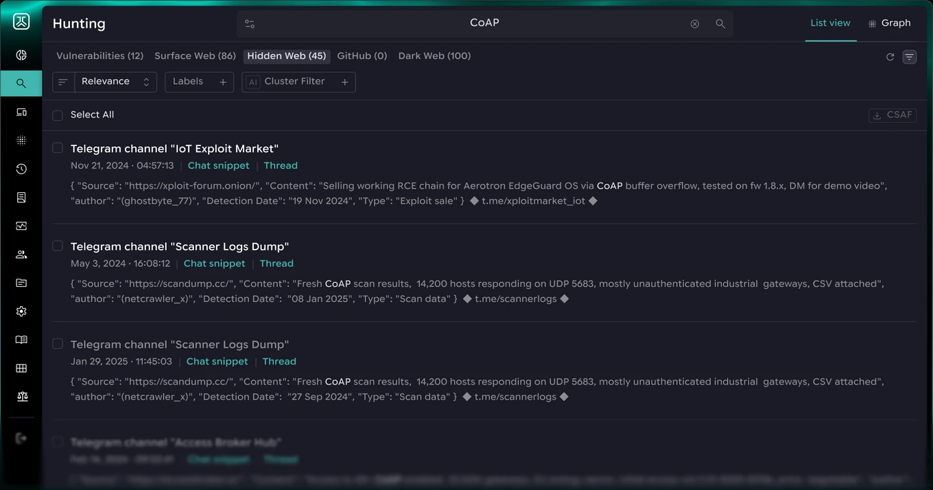 PCA CERVUS Hunting screen with hidden web results from Telegram channels for a CoAP search