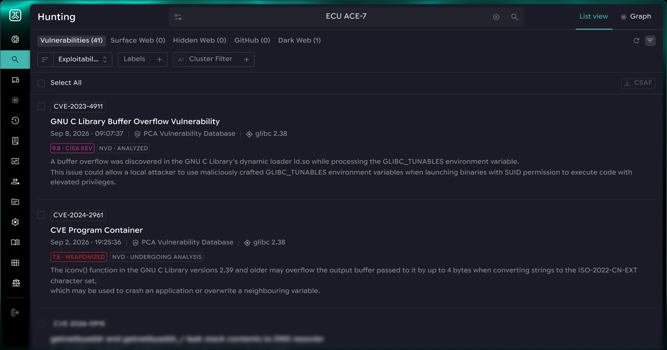 PCA CERVUS Hunting screen listing the vulnerabilities found for an ECU